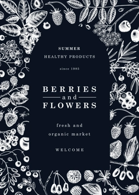 Wild berries card or invitation on chalkboard. Hand drawn fruits and flowers vector frame design. Vintage forest plants sketch. Summer berries - strawberry, raspberry, blackberry, blackberry, cherry. 